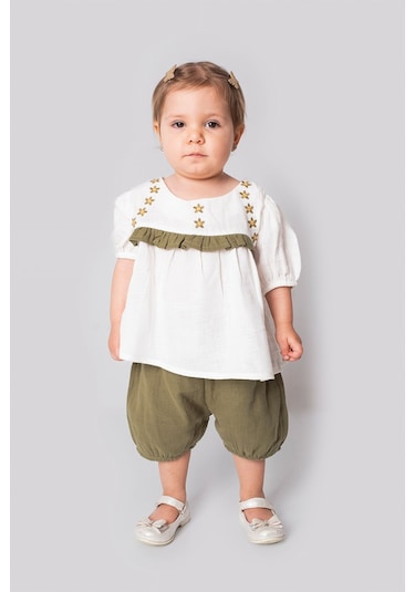 Marvello 18 - 24 Aylık Kız Bebek Roba Nakışlı Müslin Ikili Takım %100 Pamuk Yazlık Bluz Ve Şort Çok Renkli