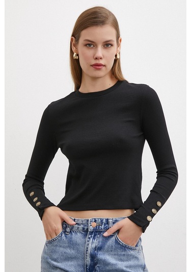 Kolu Düğmeli Bluz Siyah Siyah