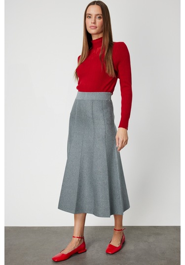 On Kadın Pileli Midi Triko Etek 65210 Gri Gri