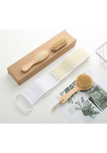Vkemall Banyo Fırçalama Seti 4 Parça - Saksafras Göğüs Fırçası + Tarak + 2 Adet Temizleme Fırçası
