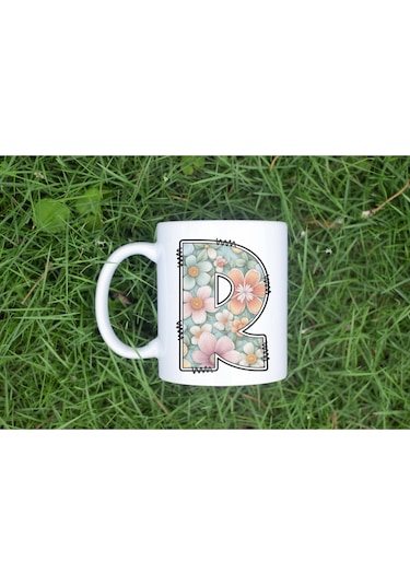 R Harfli Pastel Çiçek Desenli Kahve Kupası - Kişiye Özel Çiçekler Koleksiyonu Bardak - Hediye Beyaz