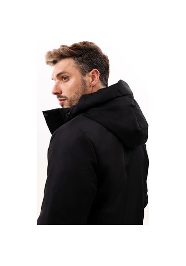 Erkek Polarlı Kürklü Su Ve Rüzgar Geçirmez Kapüşonlu Kışlık Mont & Kaban & Parka - Elyaflamalı Siyah