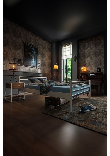 Manyas Çift Kişilik Ferforje Metal Karyola-beyaz Ahşap Latalı