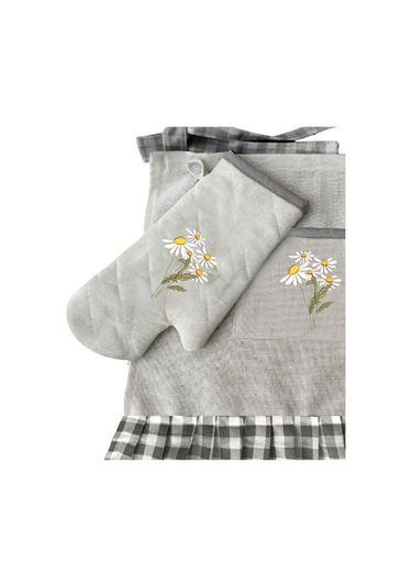 Papatya Nakışlı, Fırfırlı, Buldan Keten Fırın Önlüğü Örtüsü Ve