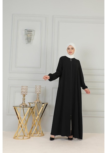 Boydan Fermuarlı Medine İpeği Ferace Brc2305 Siyah 001