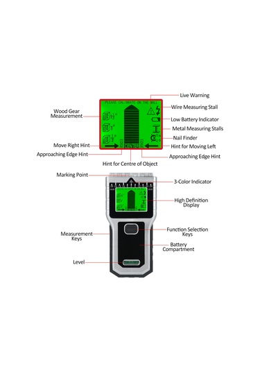 Vkemall T30 Duvar Dedektörü: Çelik/metal/ağaç/tel Tespiti, 5 Mod, 38mm/60mm/51mm Derinlik, Lcd Ekran, Seviye Ve Cetvel Özelliği, Pil İle