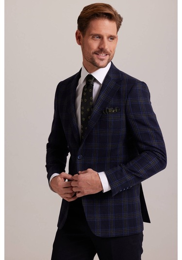 Erkek Lacivert Yeşil Kışlık Yünlü Regular Fit Ekose Desenli Ceket 001