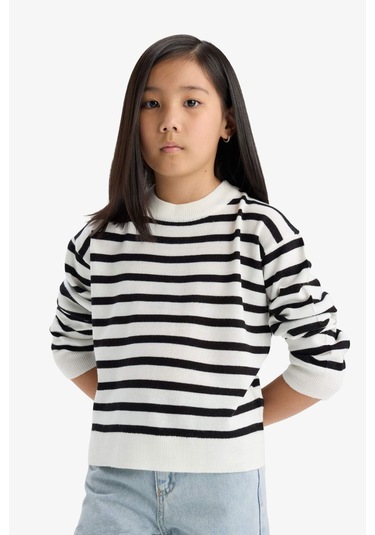 Defacto Kız Çocuk Standart Fit Bisiklet Yaka Çizgili Triko Kazak C6903a825aubk27 Siyah