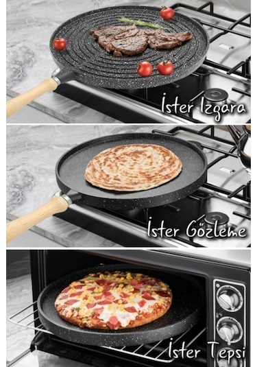 Çift Taraflı Granit Döküm Bazlama Gözleme Izgara Tava Sapı Çıkabilir Fırında Izgara Börek Tepsisi