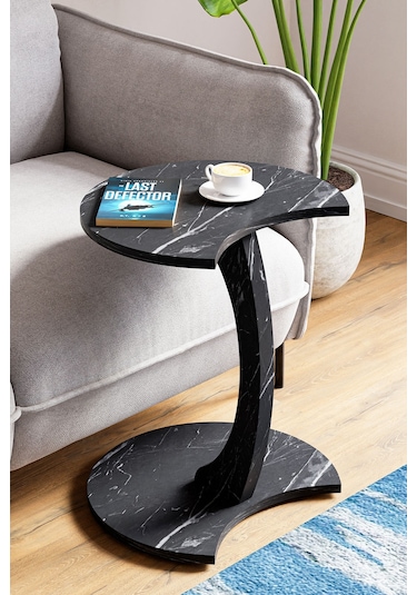 Jet Tekerlekli C Sehpa Koltuk Sehpası Yan Sehpa Zigon Sehpa Servis Sehpası Siyah Mermer