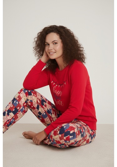 Luxury Thermal Happy New Year Desenli Kadın Polar Kışlık Pijama Takımı 42049 Bordo