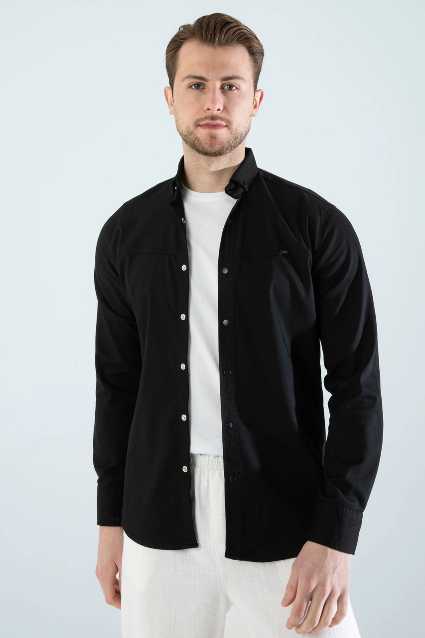 Slim Fit Erkek Cepsiz Kot Gömlek Siyah