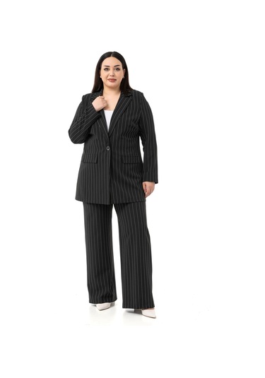 Büyük Beden Çizgili Siyah Ceket Pantolon İkili Takım Siyah