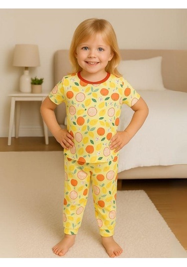 Kız Çocuk Pamuklu Meyve Desenli Kısa Kol Pijama Takımı-16027 Sarı