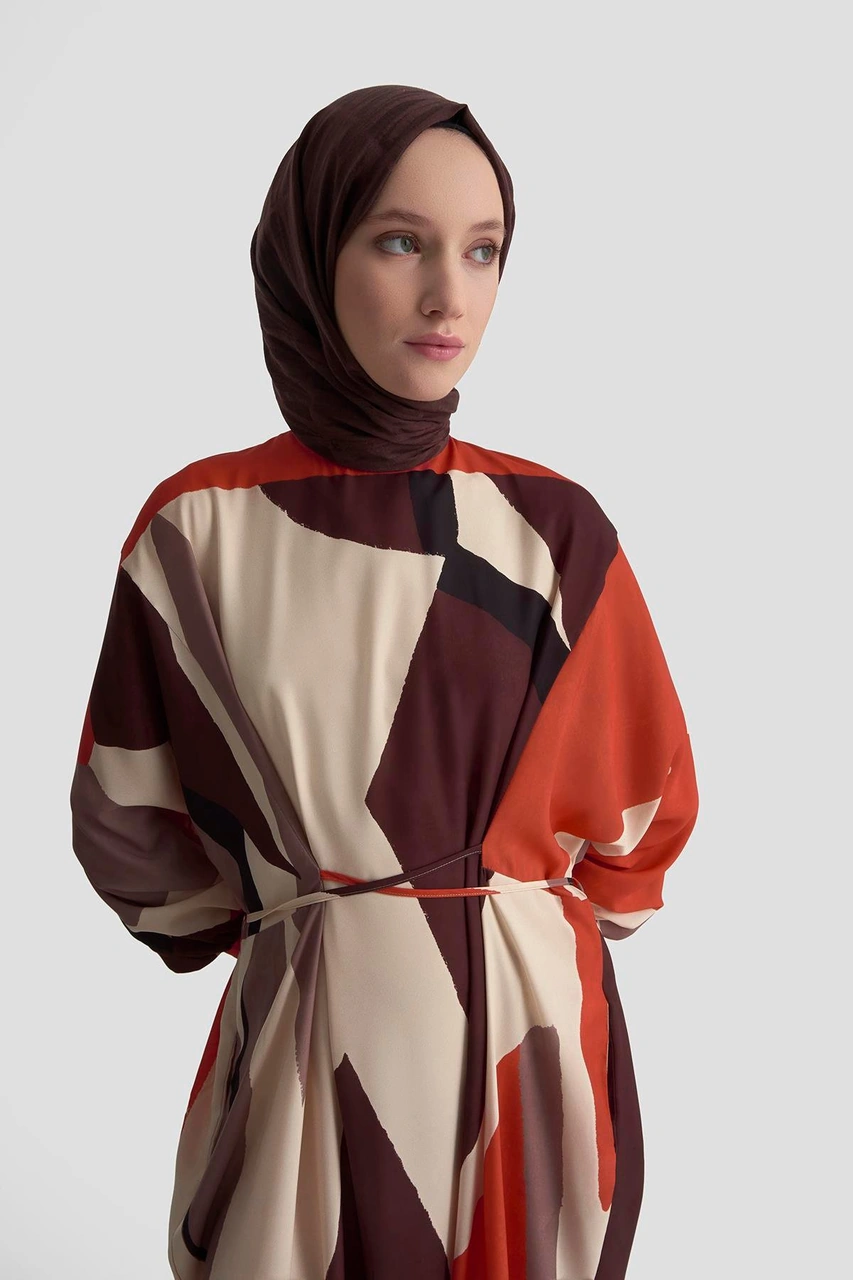 Armine Çapraz Bağlamalı Desenli Elbise 25k9101 Kiremit Kiremit