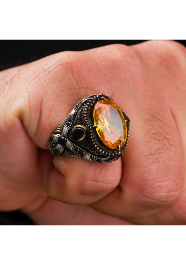 925 Ayar Sitrin Taşlı Ve Damla Zirkon Taşlı Gümüş Erkek Yüzüğü Gümüş