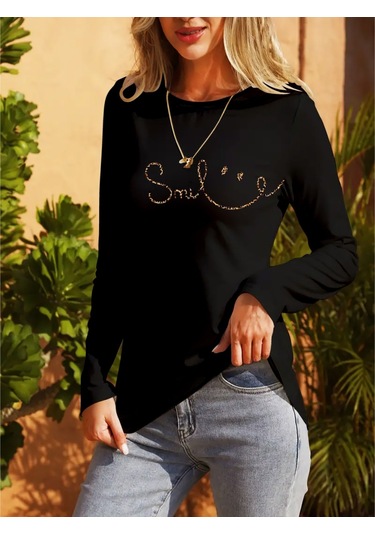 Gülsüm Aydın Kadın Uzun Kollu Bisiklet Yaka Gülümseyen Surat Desenli Viskon Bluz Siyah