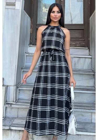 Kadın Siyah Ekose Desenli, Halter Yaka, Kendinden Kemerli Uzun Salaş Elbise Siyah