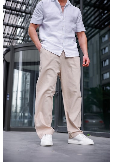 Keten Baggy Bej Renk Erkek Pantolon-1762 Bej