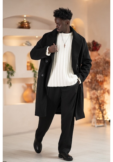 İtalyan Geniş Yaka Oversize Bol Kesim Salaş Uzun Kaban Siyah