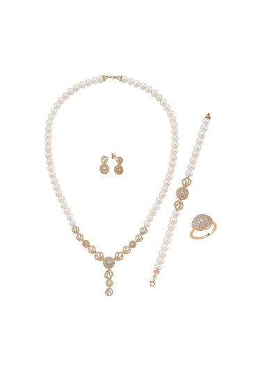 7,5 Mm Zirkon Taşlı İnci Kolye Bilelik Küpe Yüzük Dörtlü Set 8 / Rose Gümüş