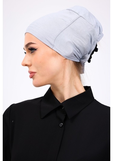 Kaymayan Silikonlu Dikişsiz Bone Açık Gri - Kaymaz Kadın Tesettür Bağlamalı İç Bone Açık Gri