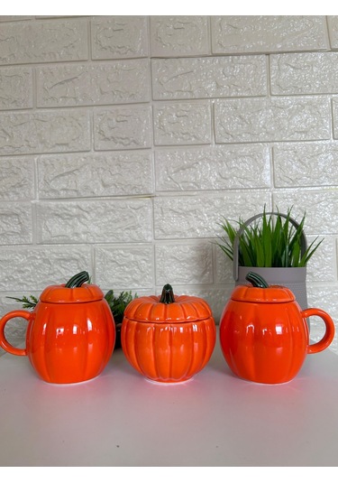 2 Balkabağı Kapaklı Kupa 1 Balkabağı Şekerlik 3'lü Set Balkabağı Seti