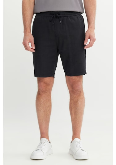 Erkek Sıyah %100 Pamuk Comfort Fit Beli Bağlamalı Flamlı Yan Cep Şort Siyah