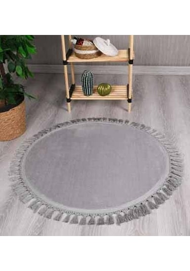 Modern Dekoratif Yuvarlak Puffy Peluş Ponpon Saçaklı Salon Oturma Odası Halısı Gri