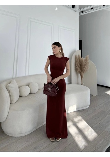 Kolsuz Uzun Likralı Elbise - Bordo Bordo
