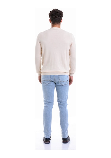 Hatemoğlu Erkek Regular Fit Düz Bisiklet Yaka Pamuklu Triko Kazak Bej Bej - Beyaz