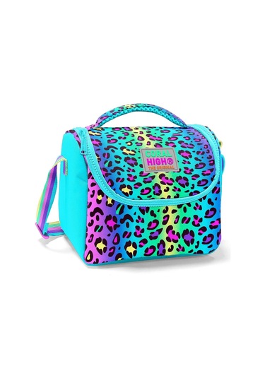 Coral High İlkokul Kız Çocuk Okul Beslenme Çantası, Yeşil Mor Leopar, Termoslu Isı Yalıtımlı Çok Renkli