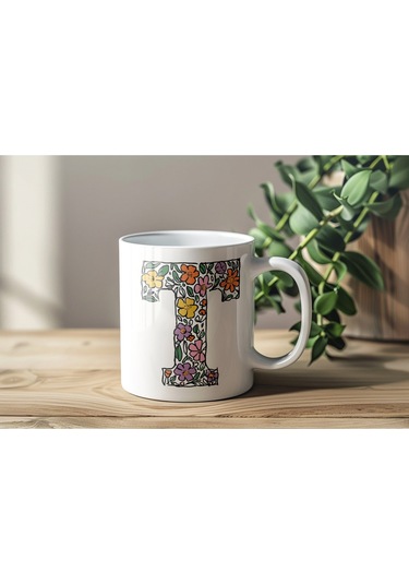 T Baş Harf Çiçek Desenleri İle Natural Tarz Kupa Bardak - Kişiye Özel Çiçekli Kahve Çay Bardak - Beyaz