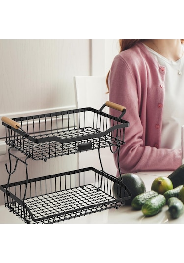 Suntek Otel Tezgah Üstü Mutfak Için 2 Katlı Meyve Sepeti Siyah