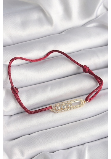 Kırmızı İpli Asansörlü Zirkon Taşlı Gold Messika Model Kadın Bileklik Kırmızı