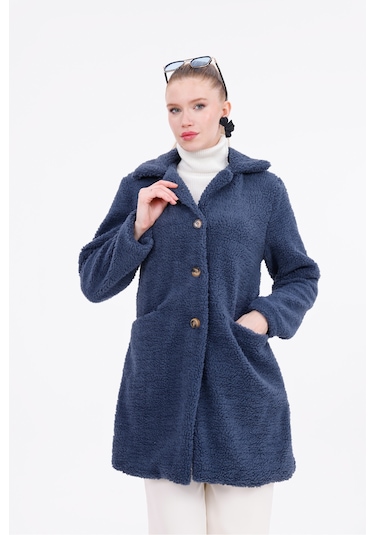 Düğmeli Cepli Kadın Peluş Kaban İndigo