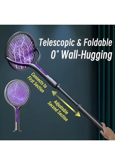 Boatshop1 2 İn 1 Elektrikli Sivrisinek Racket Yükseltilmiş Versiyon Teleskopik Çubuk 180 Derece Döner Baş Şarj Edilebilir 1200mah