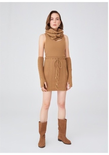 Peraluna Saç Örgü Desenli Kadın Triko Etek Camel