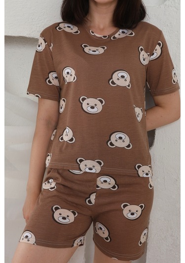 Fames Pijama Yazlık Desenli Loose Crop Şortlu Pijama Takım Kahverengi