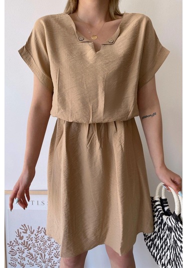 Kadın Bej Kısa Kol, Kalp Yaka, Dokulu Desen, Bele Oturan, Aerobin Lastikli Bel Midi Elbise Bej