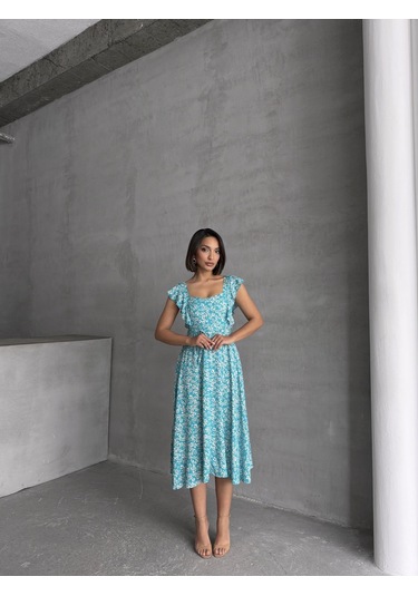 Kadın Çiçek Desenli Fırfır Detaylı Yazlık Dokuma Elbise Turkuaz
