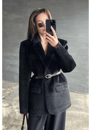 Premium Kalite Tay Tüyü Blazer Siyah