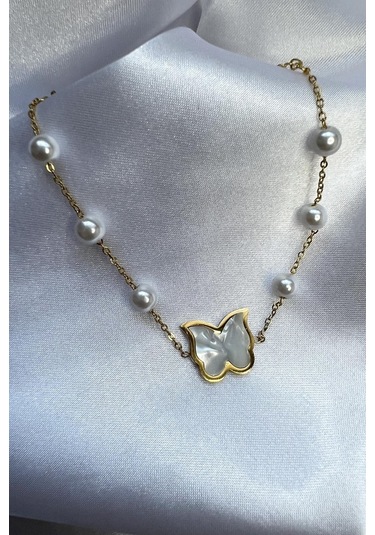 Altın Renk Kaplama İnci Taşlı Sedefli Kelebek Detaylı Kadın Çelik Bileklik - Altın