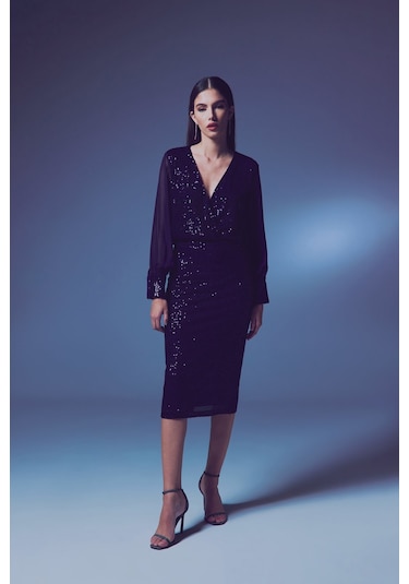 Sateen Payet Detaylı Kalem Etek - Lacivert-134245 Lacivert
