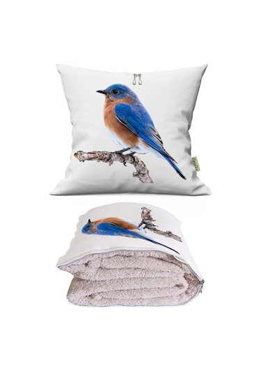 Mavi Kuş Baskılı Dekoratif Yastık Kırlent Opsiyonel Battaniye 2 İn 1 Çok Renkli
