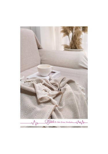 Klasik Pamuklu Koltuk Örtüsü 180x300 Cm Kolları Örten Balık Sırtı Desen Koltuk Örtüsü Bej