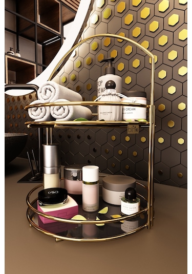 Bino Banyo Düzenleyici Organizer Takı Kozmetik Havlu Rafı Standı 2 Katlı 40cm Altın