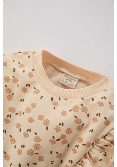 DeFacto Kız Bebek Bisiklet Yaka Çiçek Desenli İçi Yumuşak Tüylü Sweatshirt D7186A524WNBG744 Bej