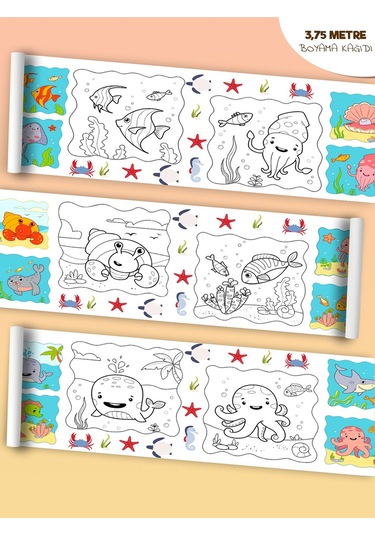 Deniz Hayvanları Temalı Örnek Resimli 3,75 Metre Rulo Boyama Kağıdı Karışık