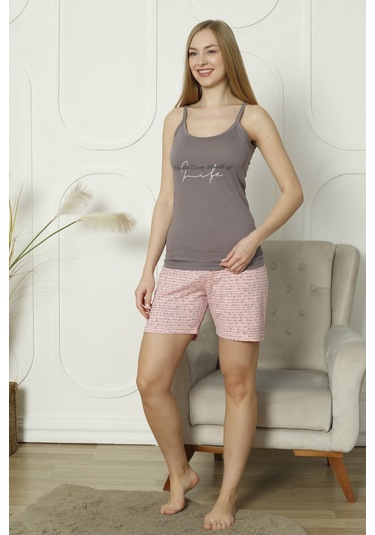 Mr 4404 Pamuklu Askılı Şortlu Takım Pijama Takımı-gri Gri